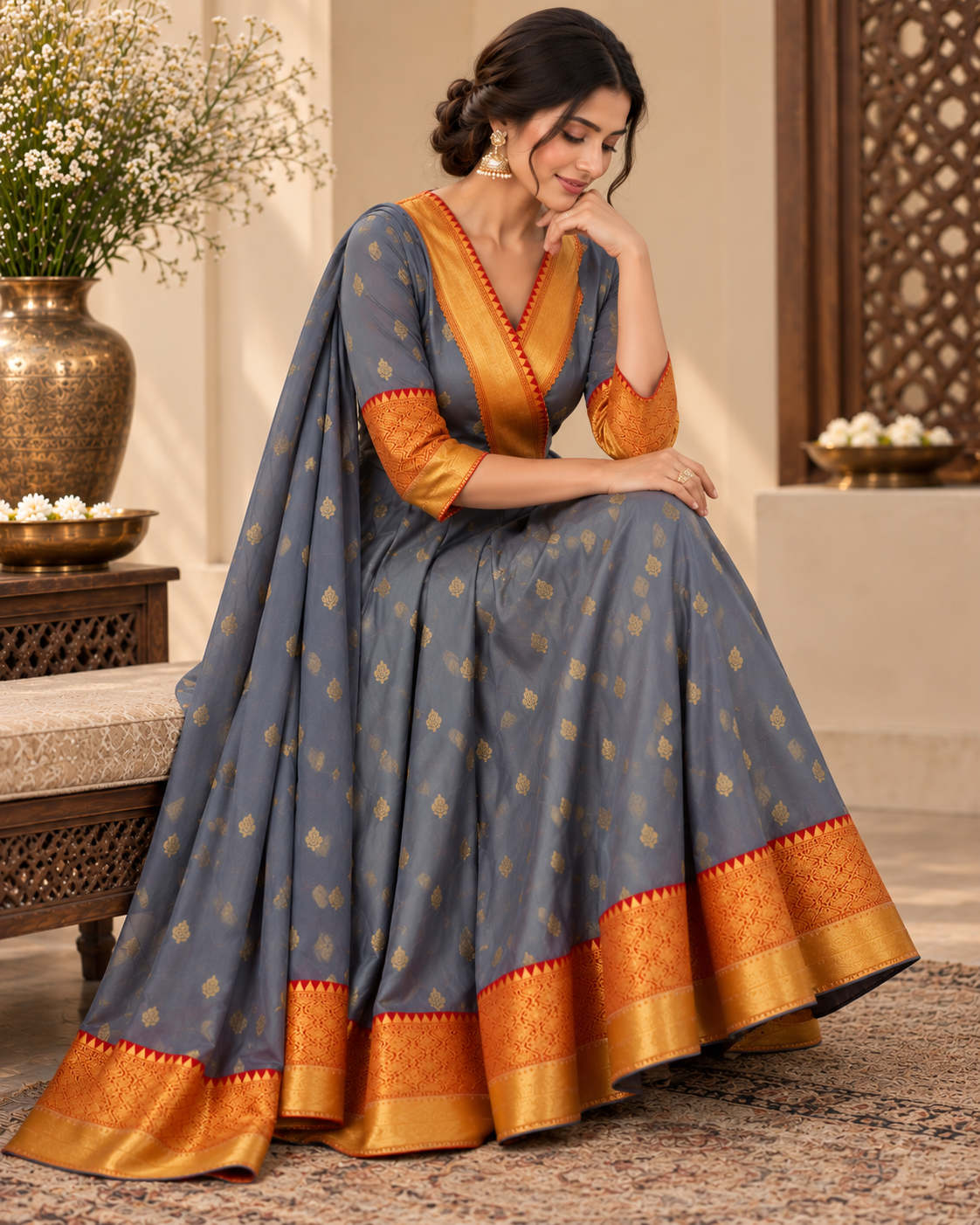 Karishma Silk Grey and Red Anarkali