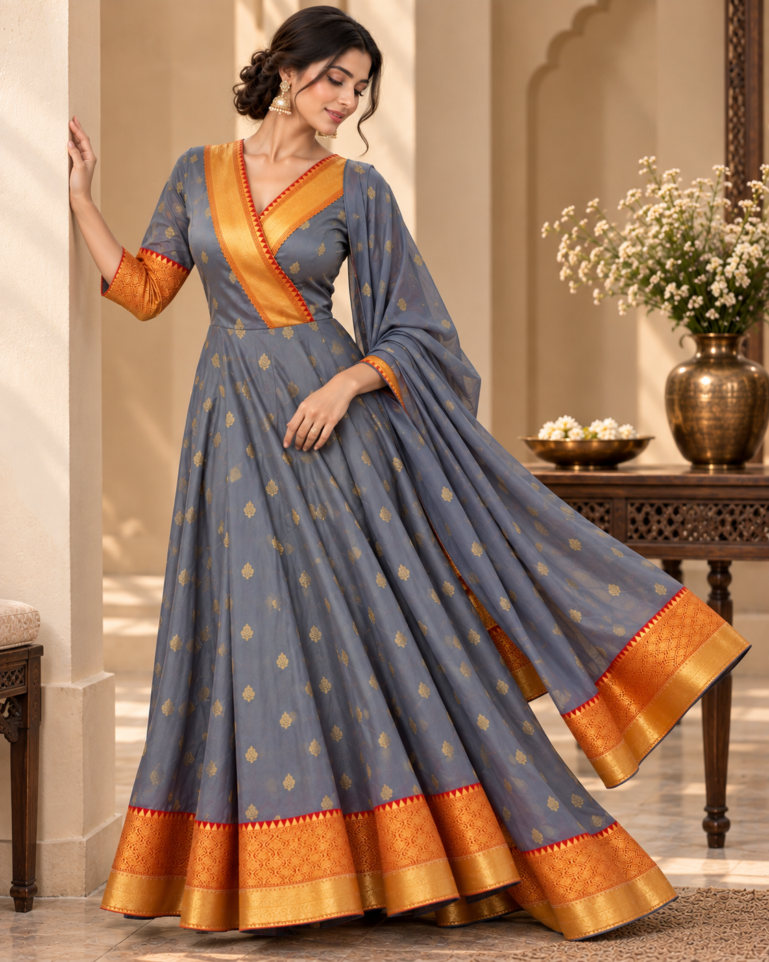 Karishma Silk Grey and Red Anarkali