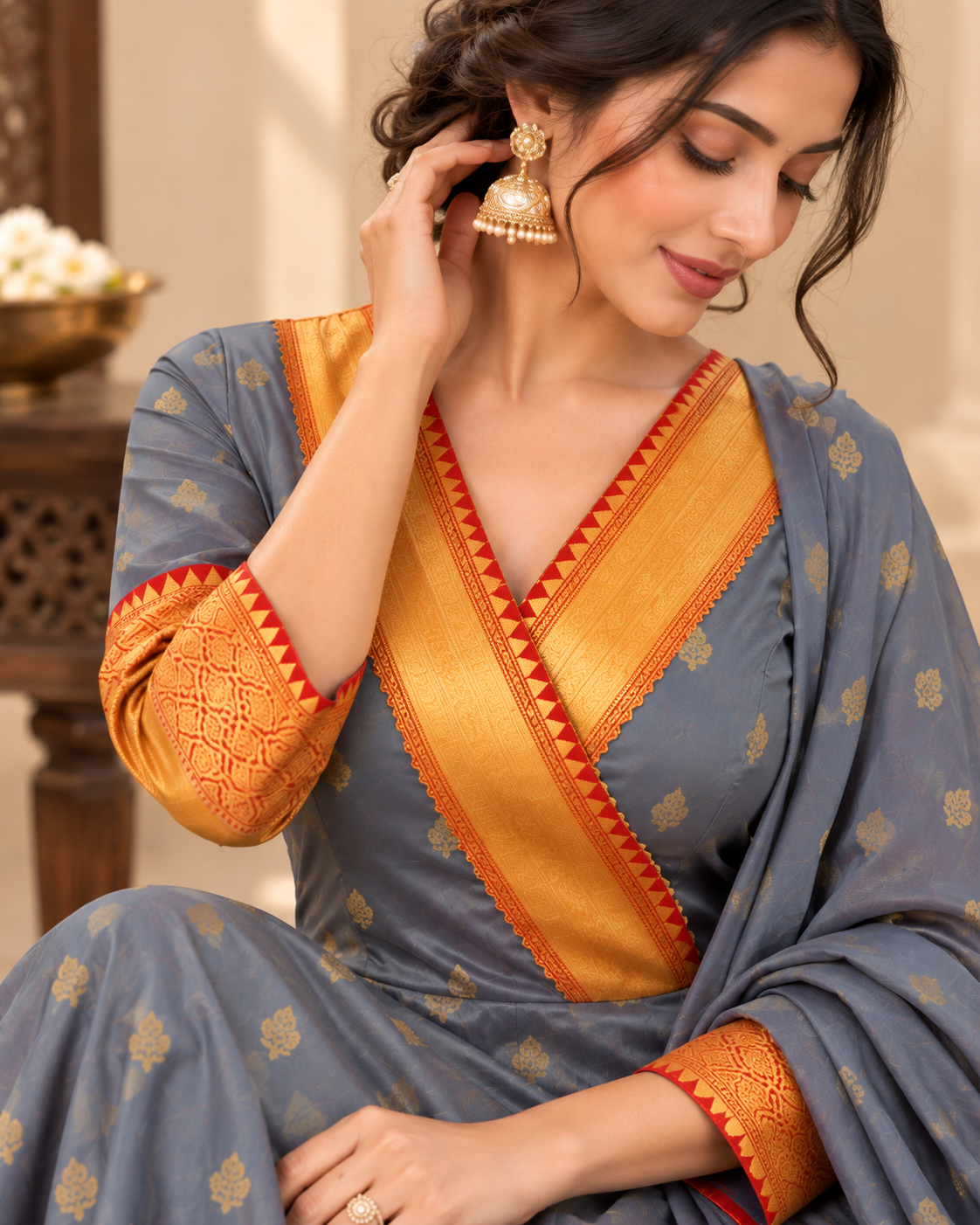 Karishma Silk Grey and Red Anarkali