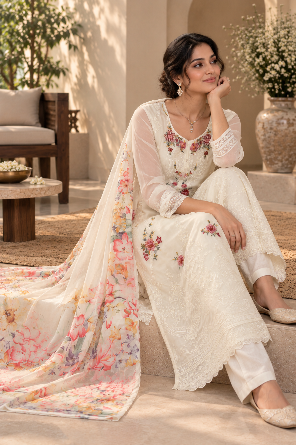 Off White Cotton Fandy Embroidered Suit