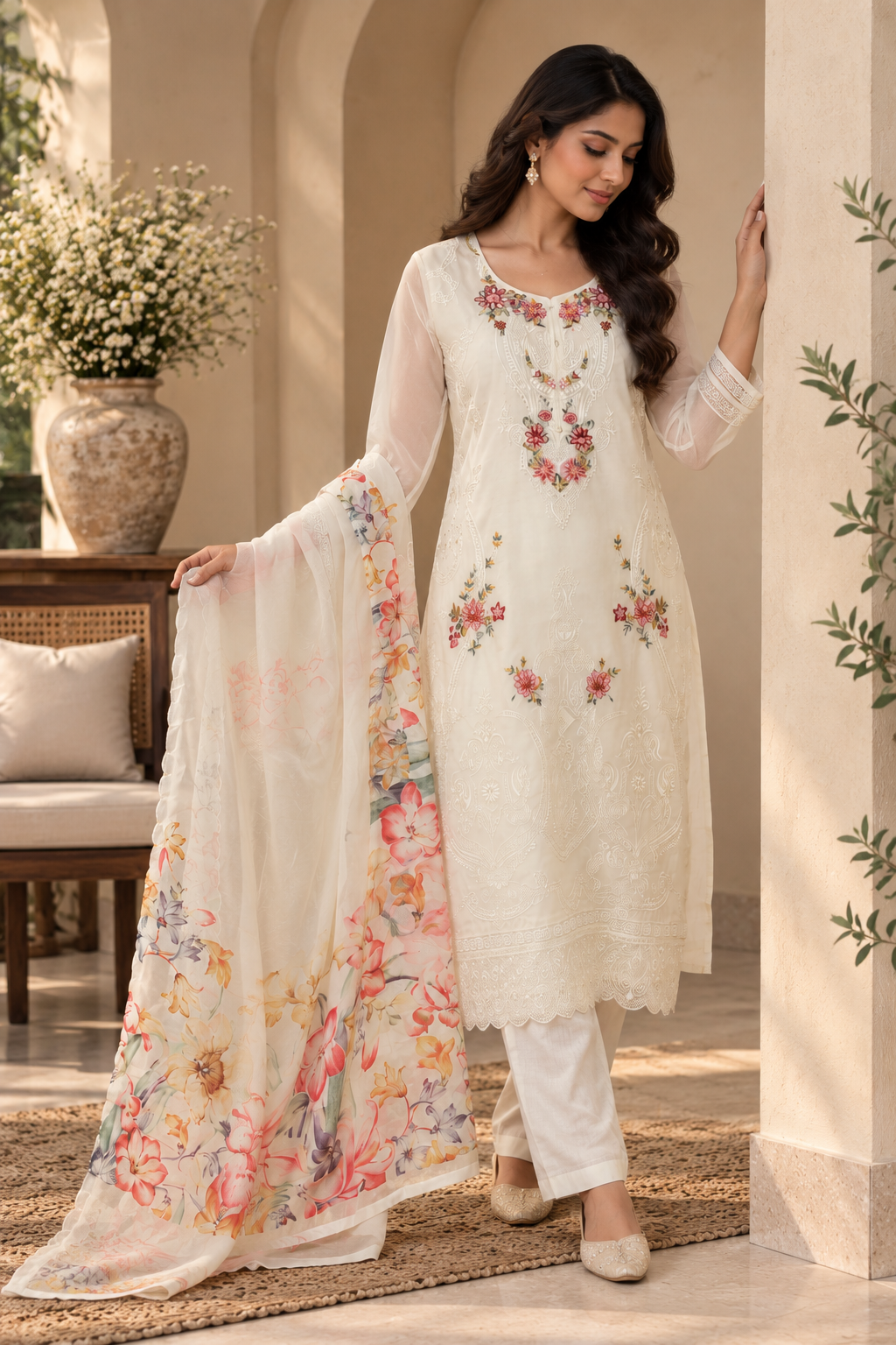 Off White Cotton Fandy Embroidered Suit