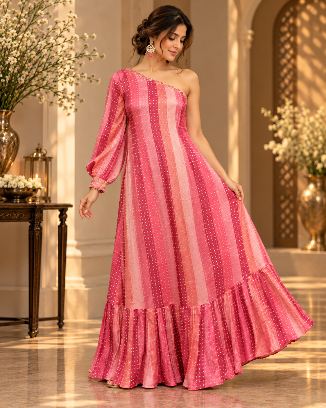 Pink One-Shoulder Crepe Dress