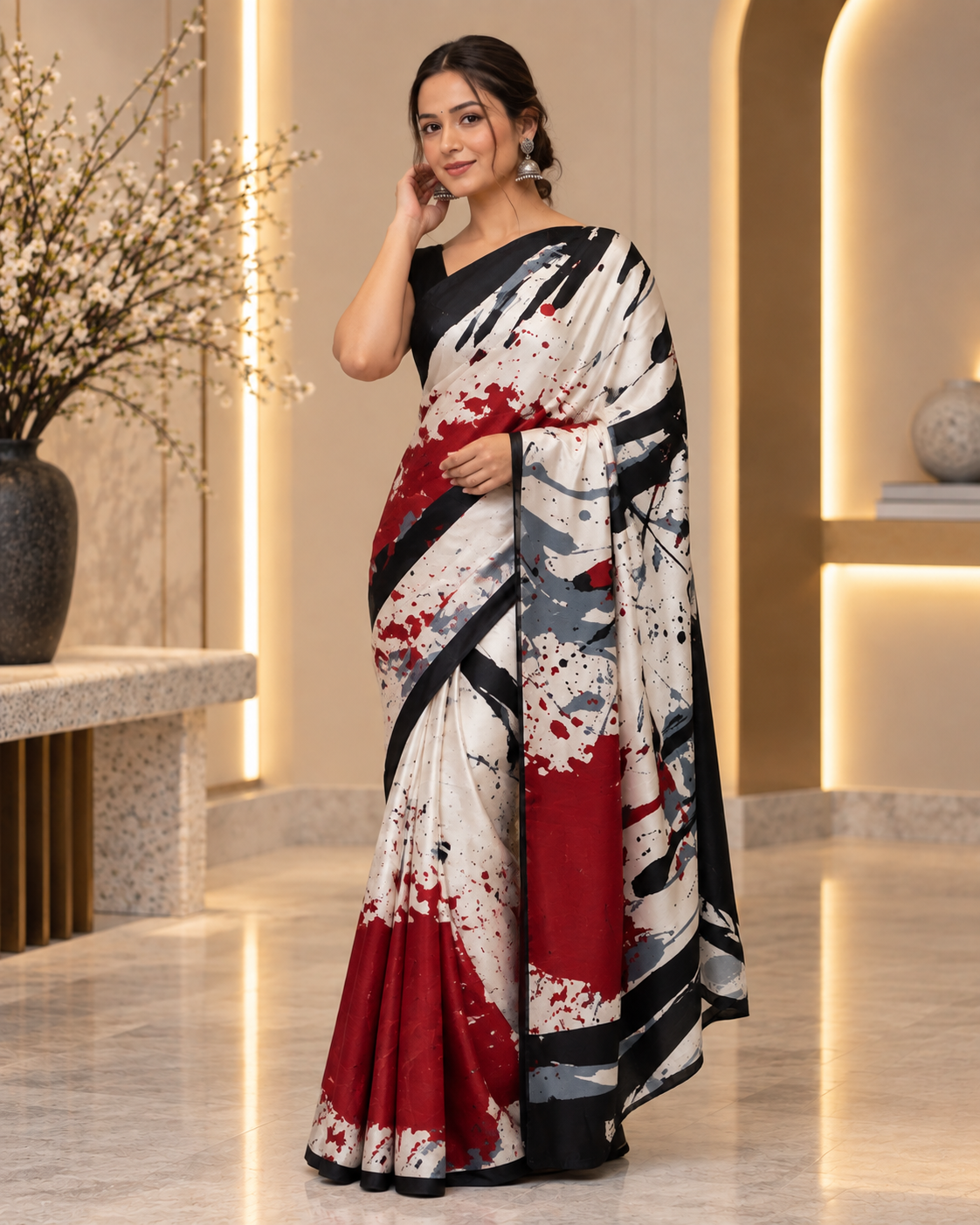 Abstract Print Satin Saree
