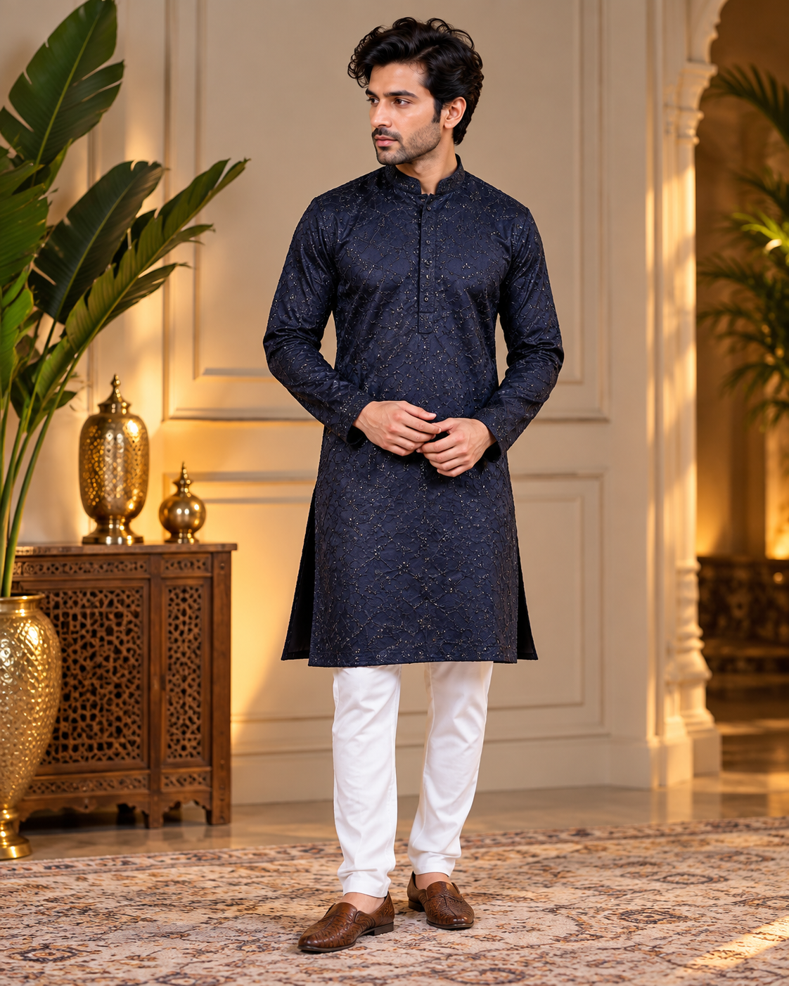 Blue Sequin and Thread Embroidery Kurta Set