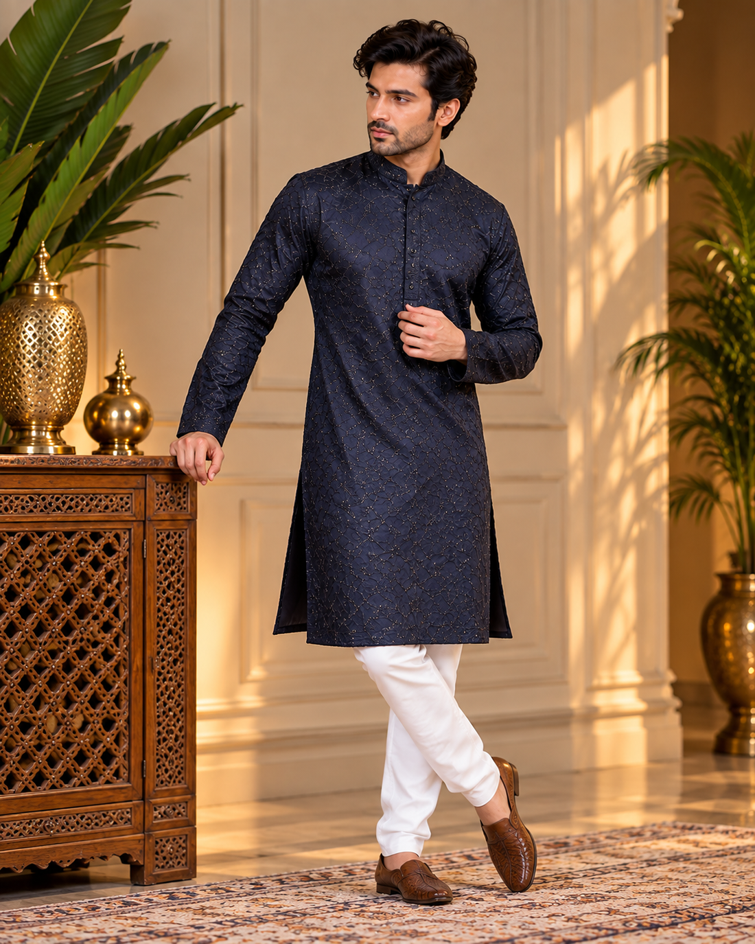 Blue Sequin and Thread Embroidery Kurta Set