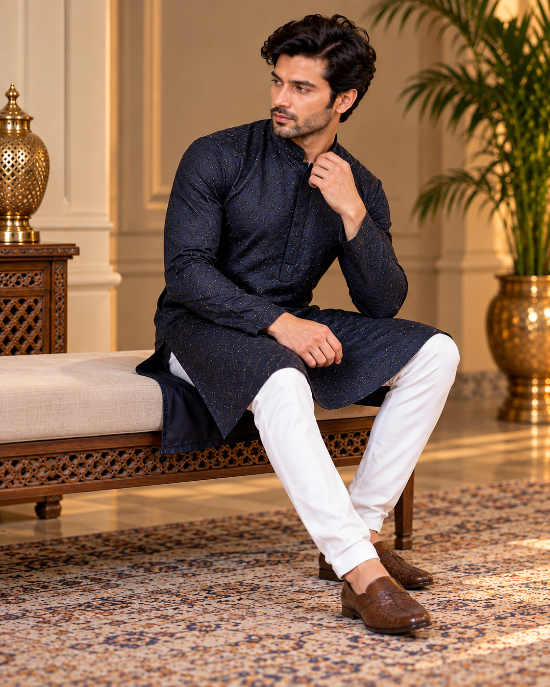 Blue Sequin and Thread Embroidery Kurta Set