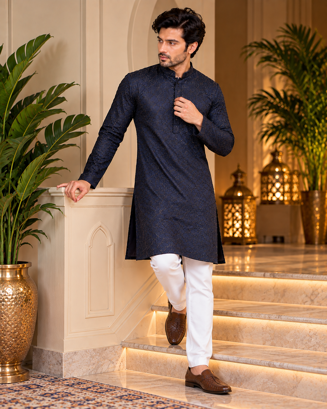 Blue Sequin and Thread Embroidery Kurta Set
