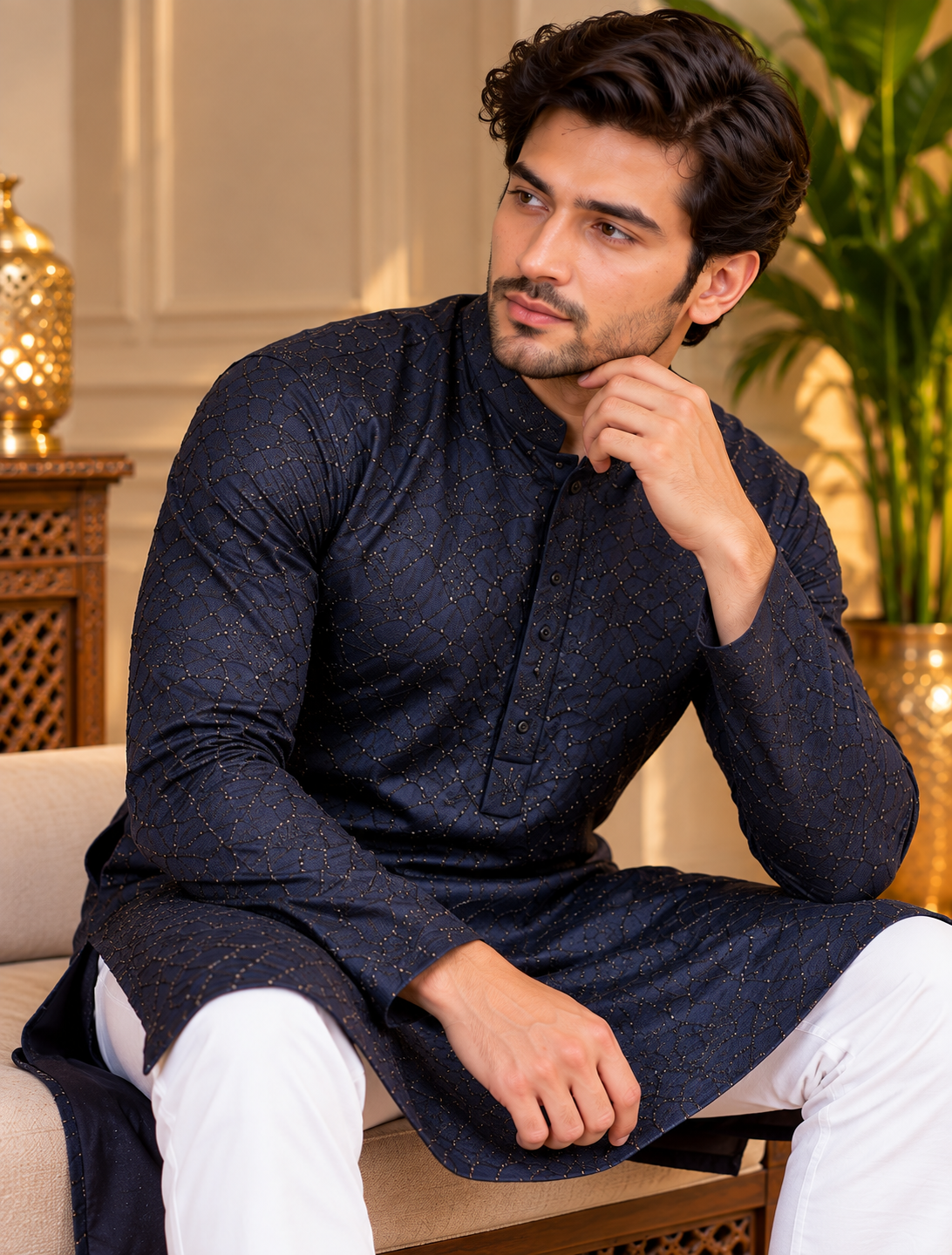 Blue Sequin and Thread Embroidery Kurta Set