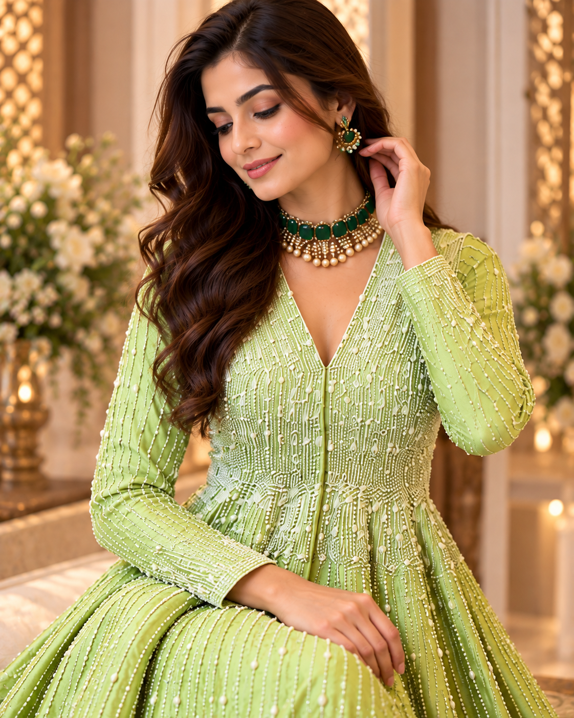 Raw Silk Pearl Work Jacket Set