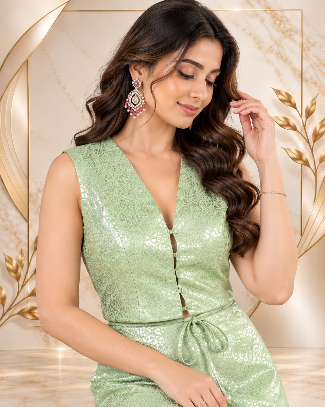 Green Straight Brocade Skirt and Top
