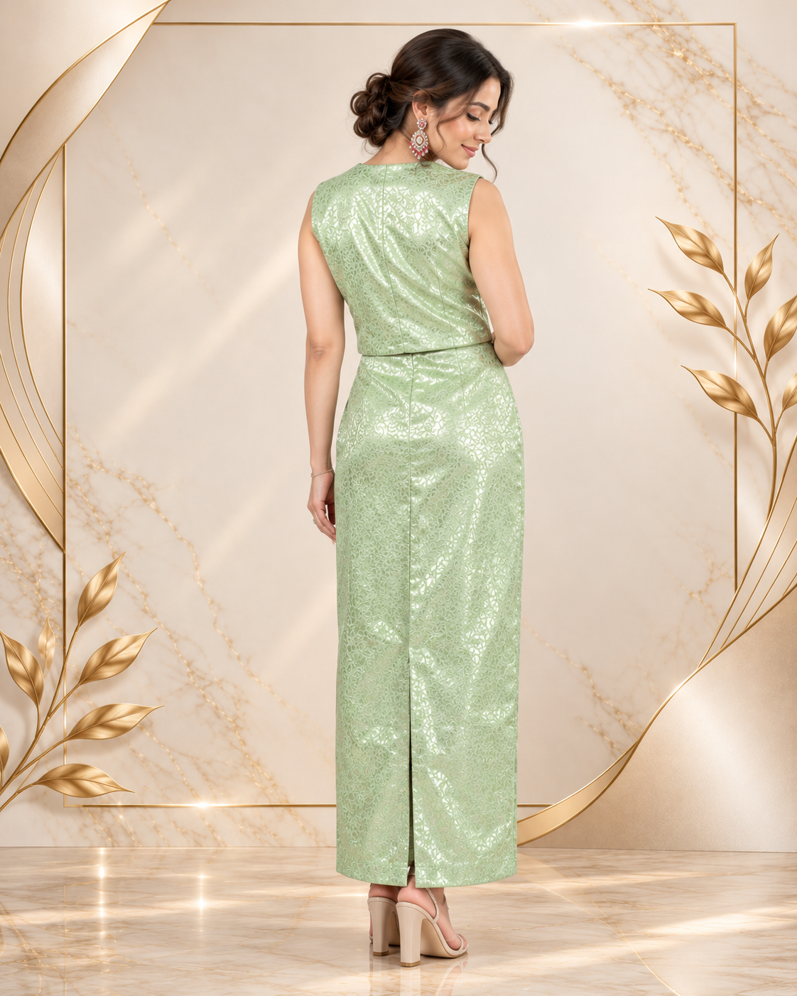 Green Straight Brocade Skirt and Top