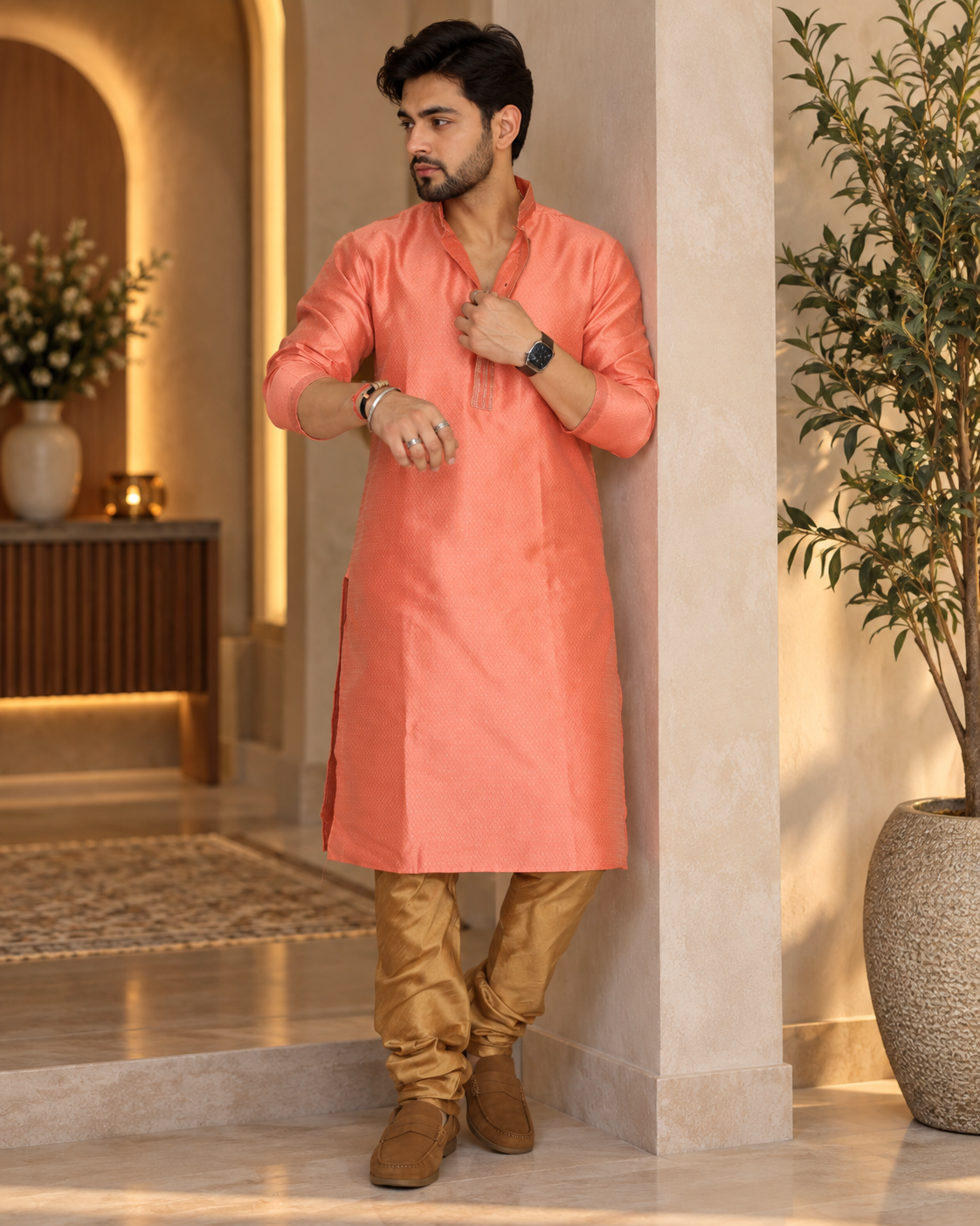 Pink Kurta with Golden Churidar for Men