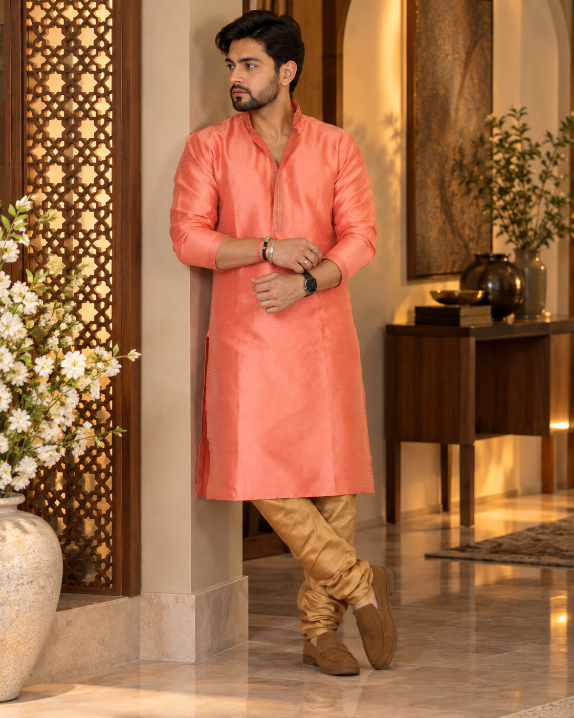 Pink Kurta with Golden Churidar for Men