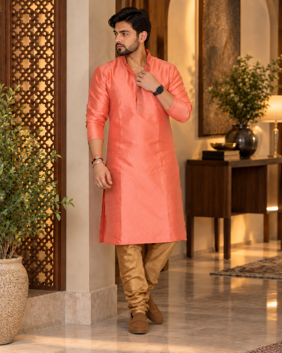 Pink Kurta with Golden Churidar for Men
