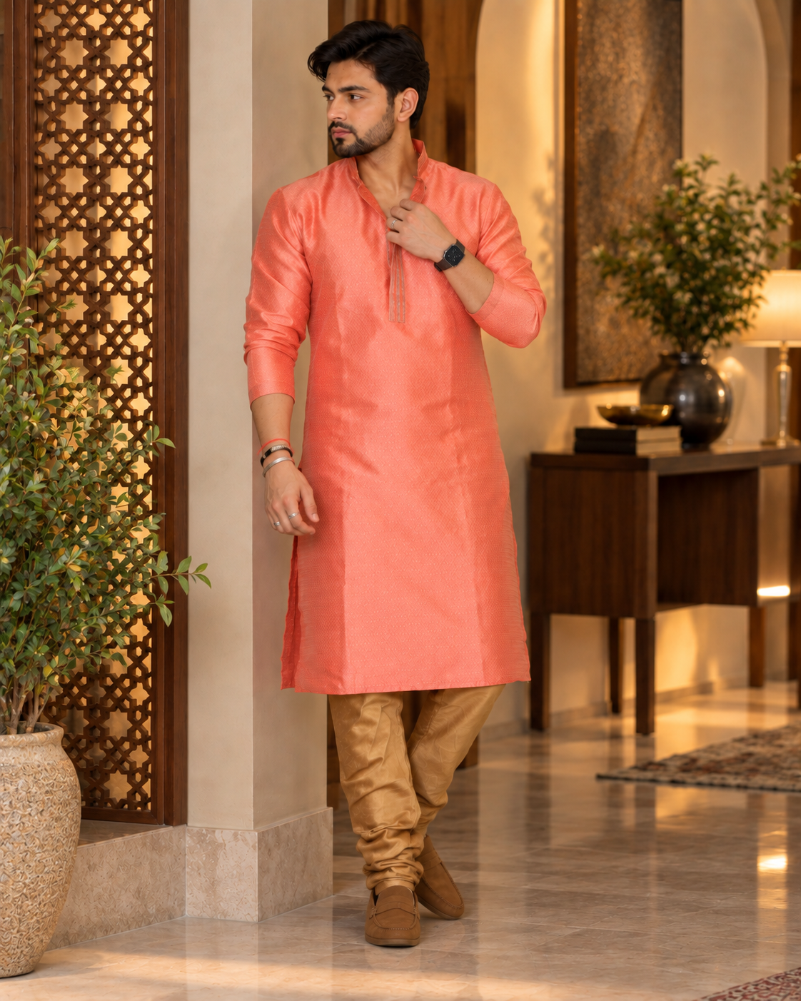 Pink Kurta with Golden Churidar for Men