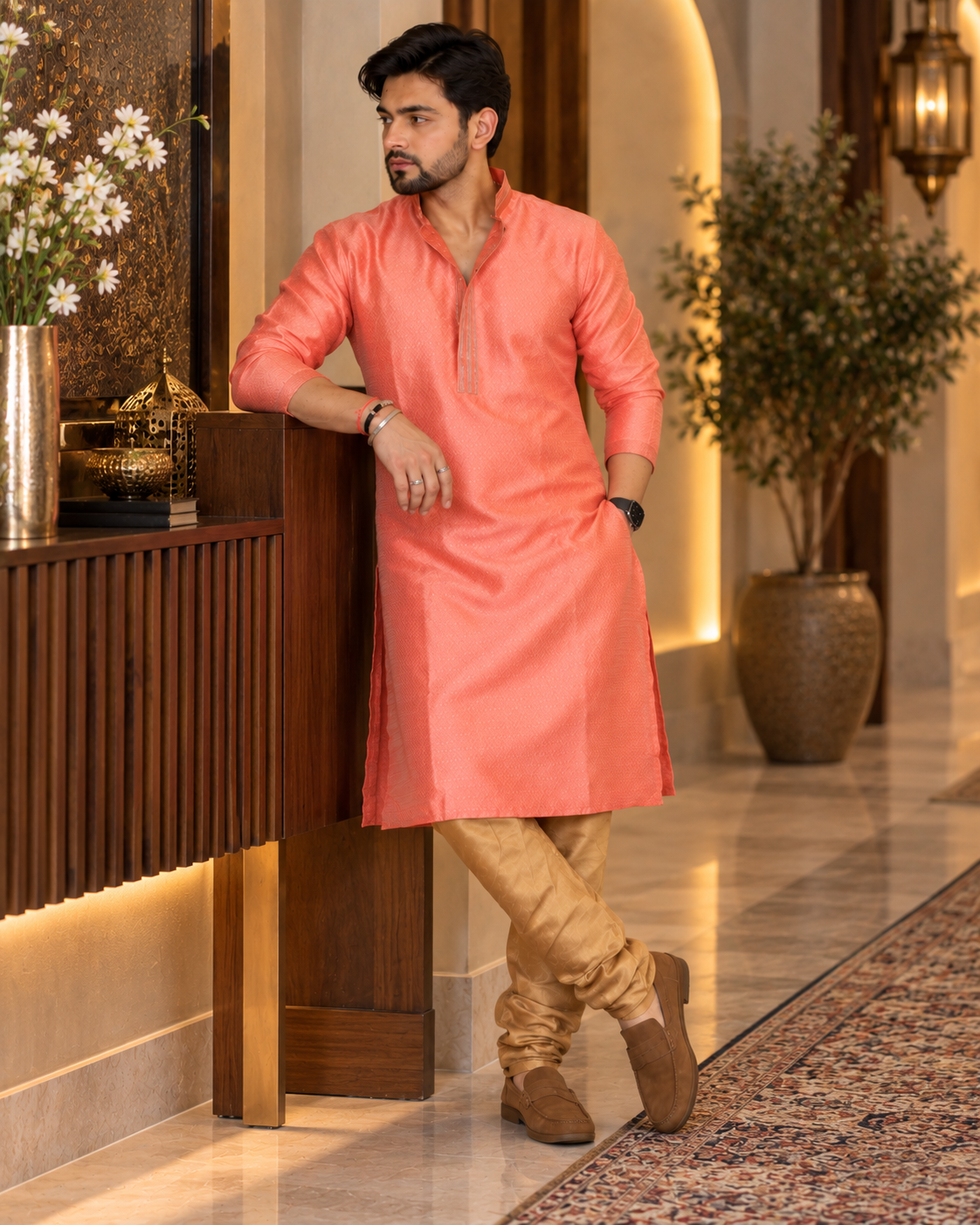 Pink Kurta with Golden Churidar for Men