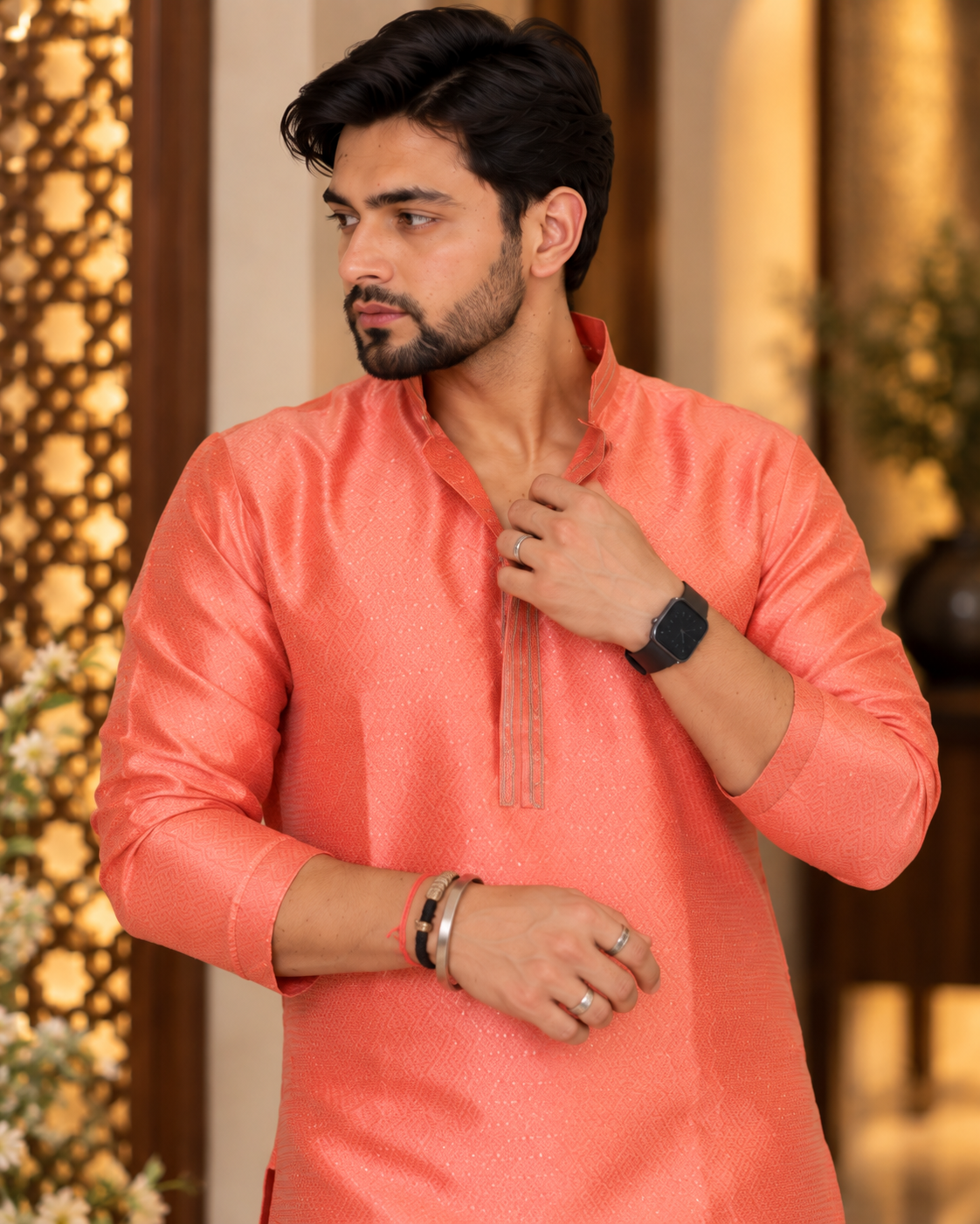 Pink Kurta with Golden Churidar for Men