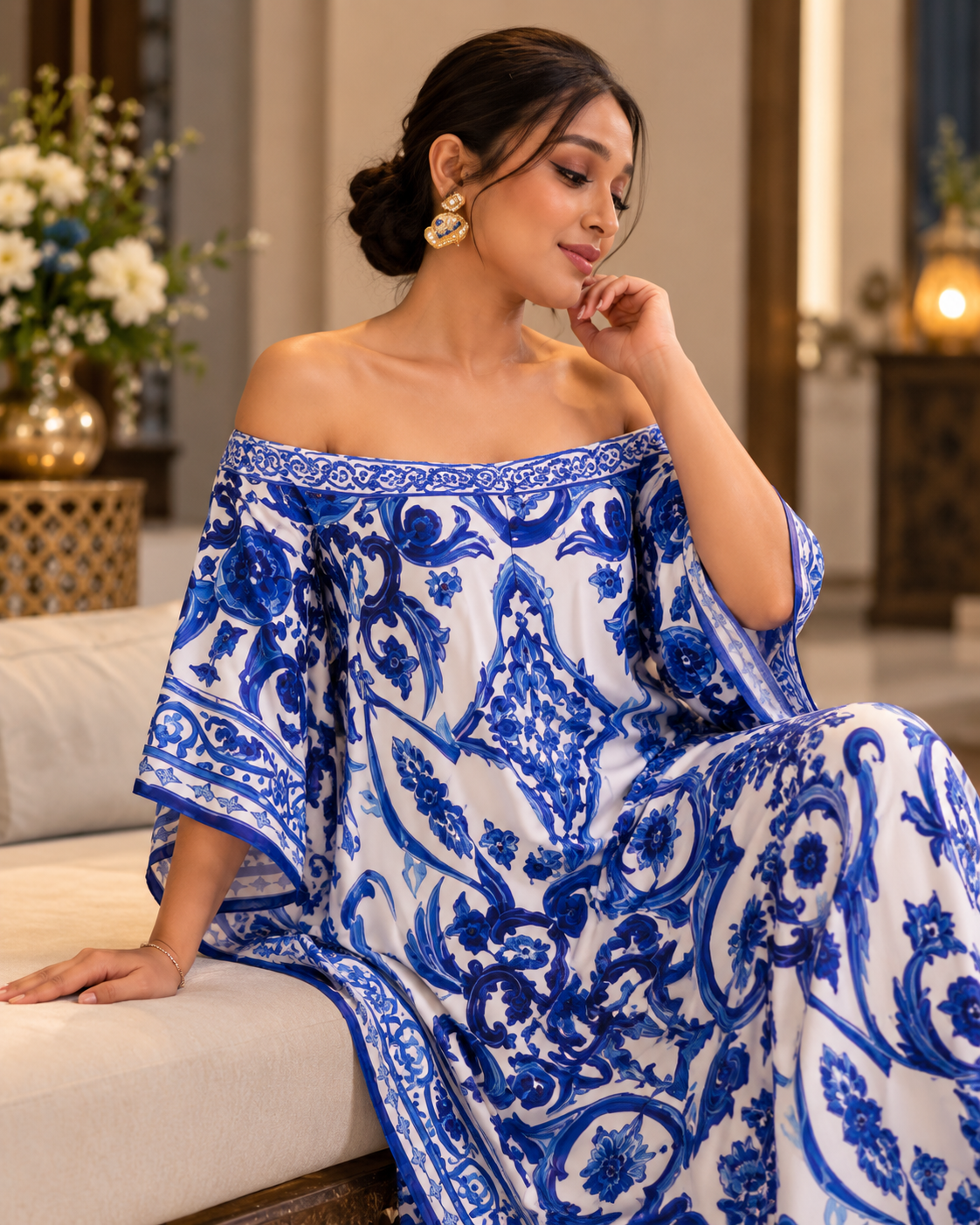 "Elegant Blue & White Printed Off-Shoulder Kaftan Dress "