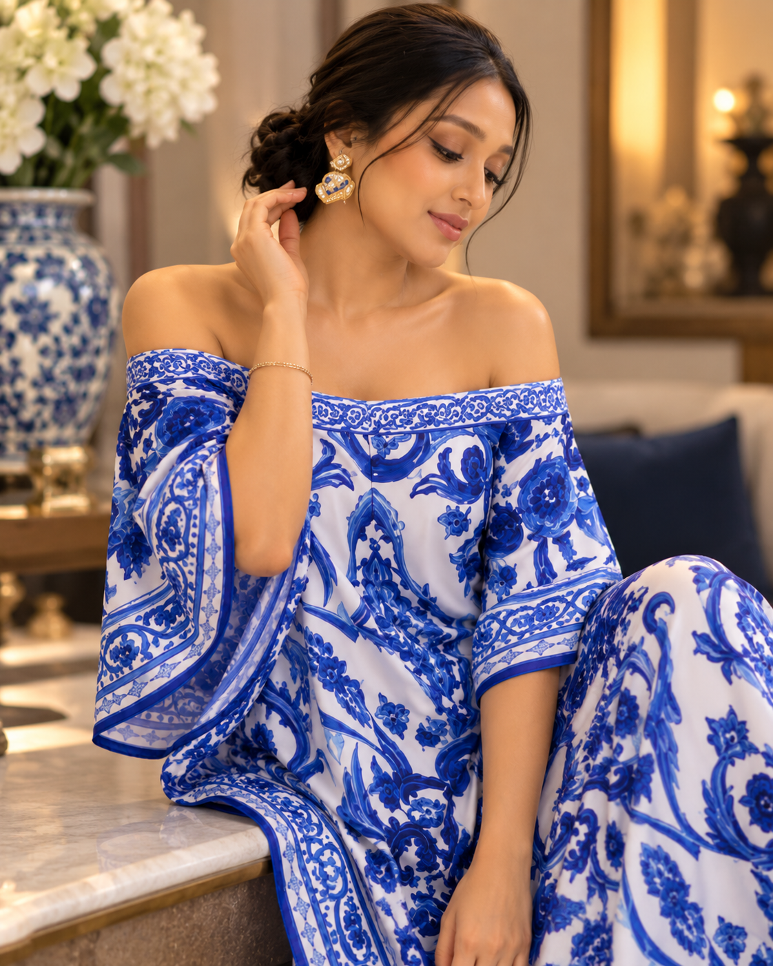 "Elegant Blue & White Printed Off-Shoulder Kaftan Dress "