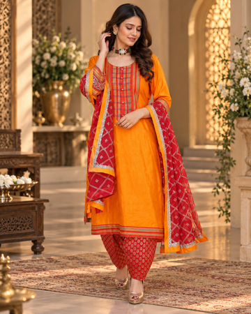 Yellow Silk Banarasi Suit with Red Salwar