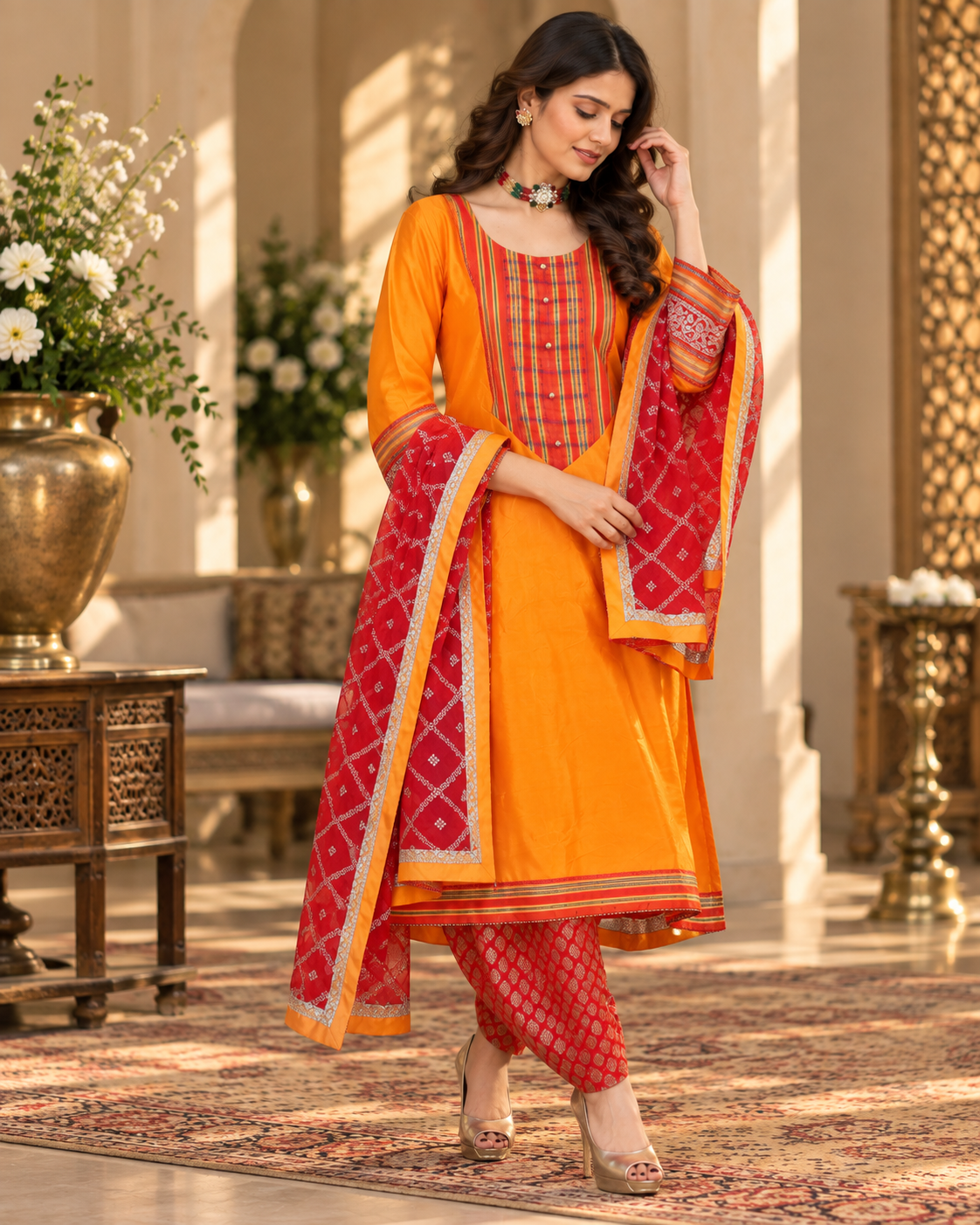 Yellow Silk Banarasi Suit with Red Salwar