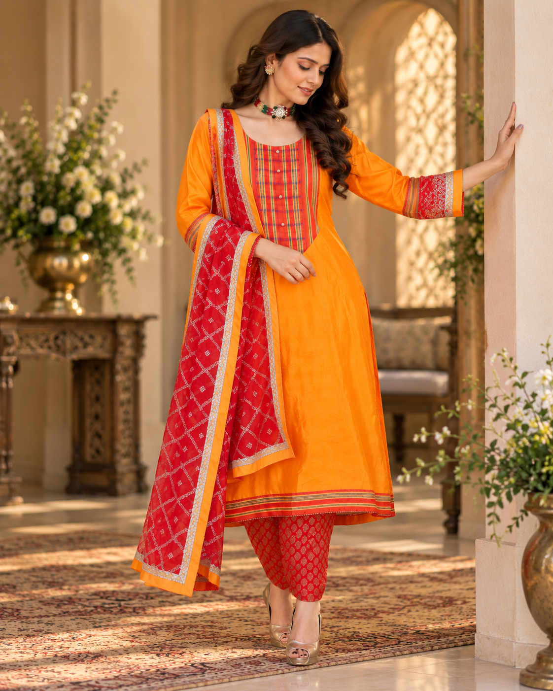 Yellow Silk Banarasi Suit with Red Salwar