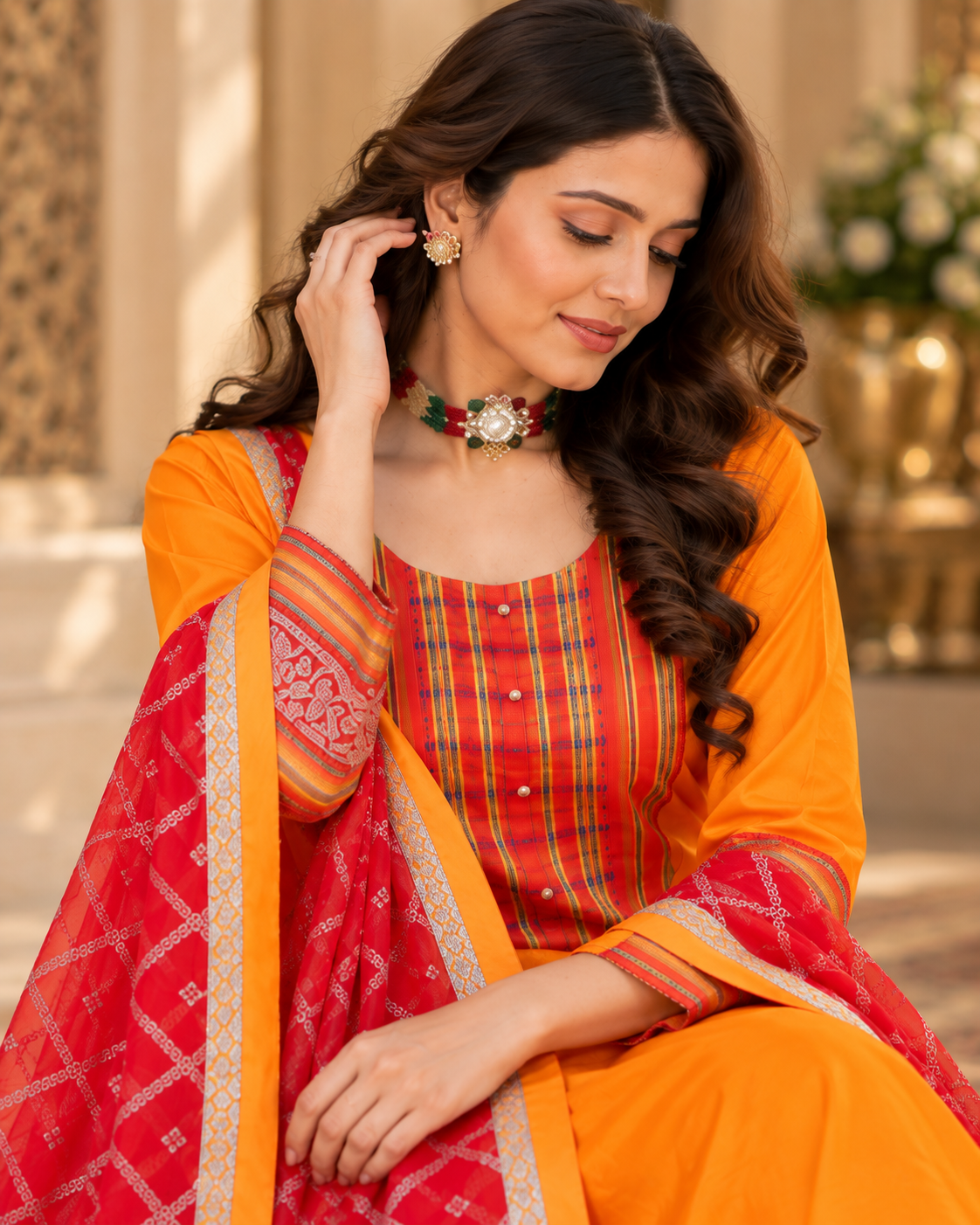 Yellow Silk Banarasi Suit with Red Salwar