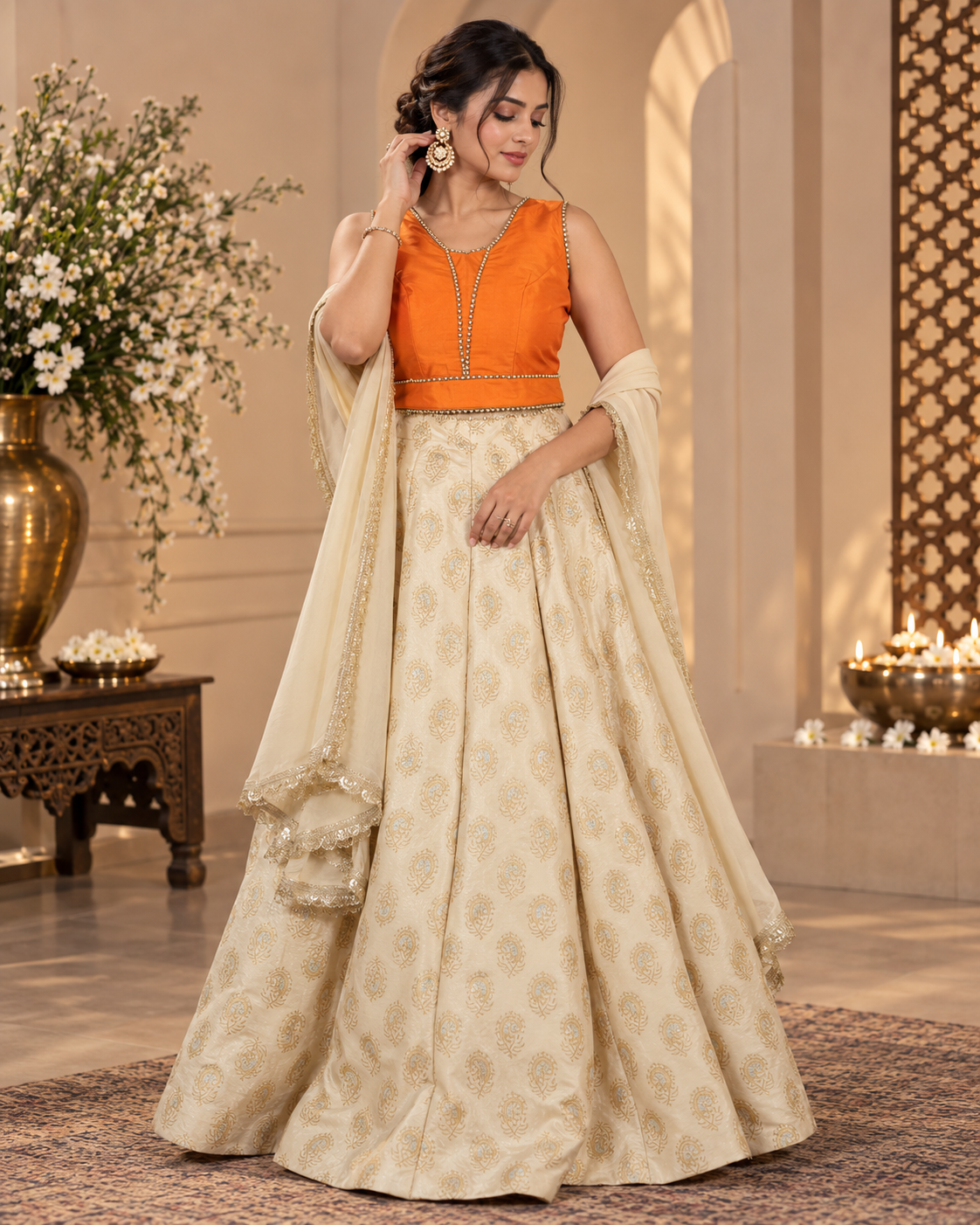 Off-White Brocade Lehenga With Orange Silk Blouse