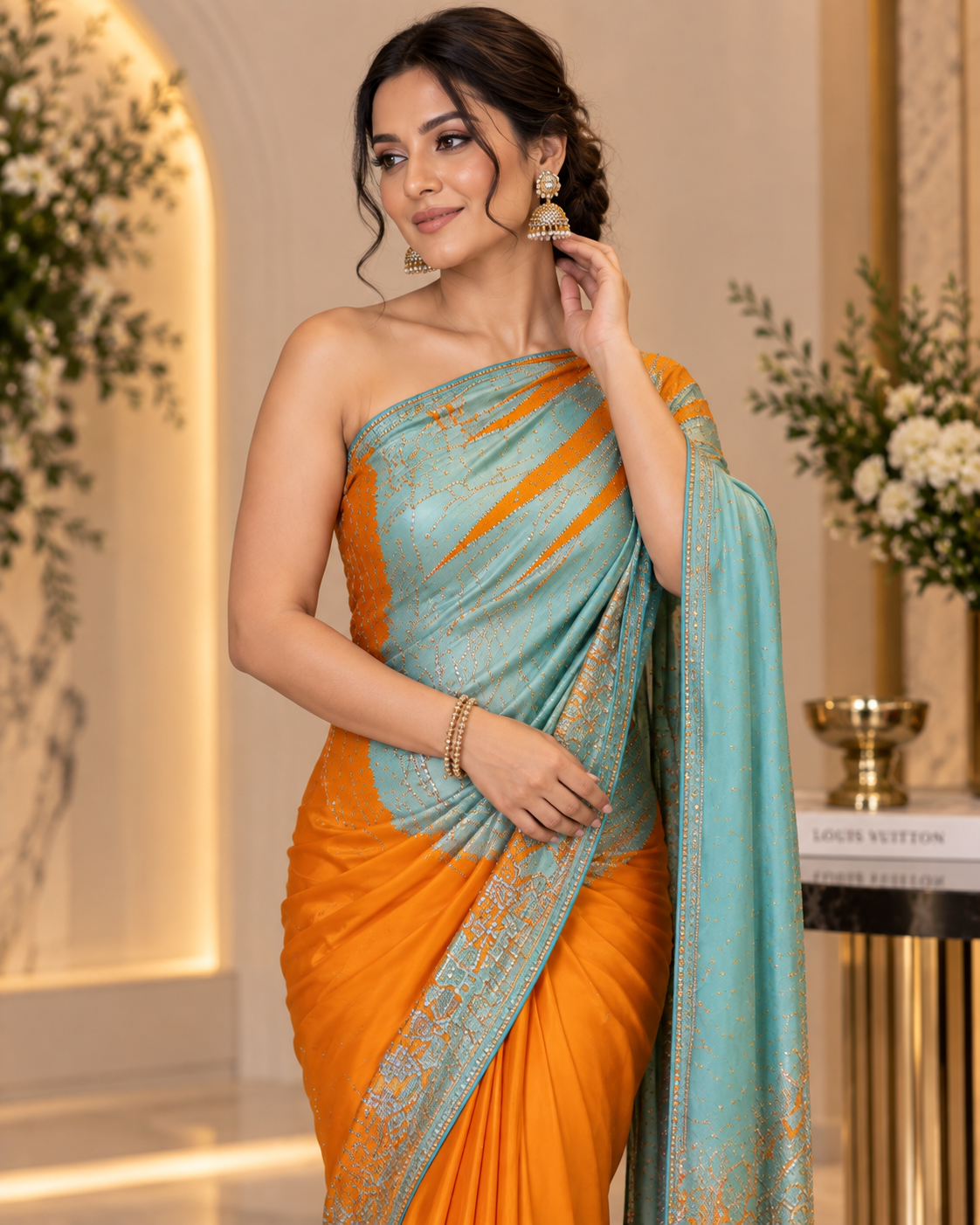 Satin Silk Mustard Blue Printed Saree (3944-50)
