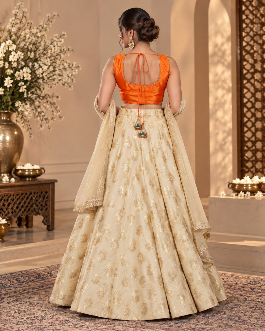 Off-White Brocade Lehenga With Orange Silk Blouse
