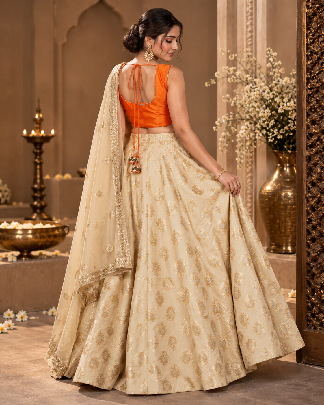Off-White Brocade Lehenga With Orange Silk Blouse