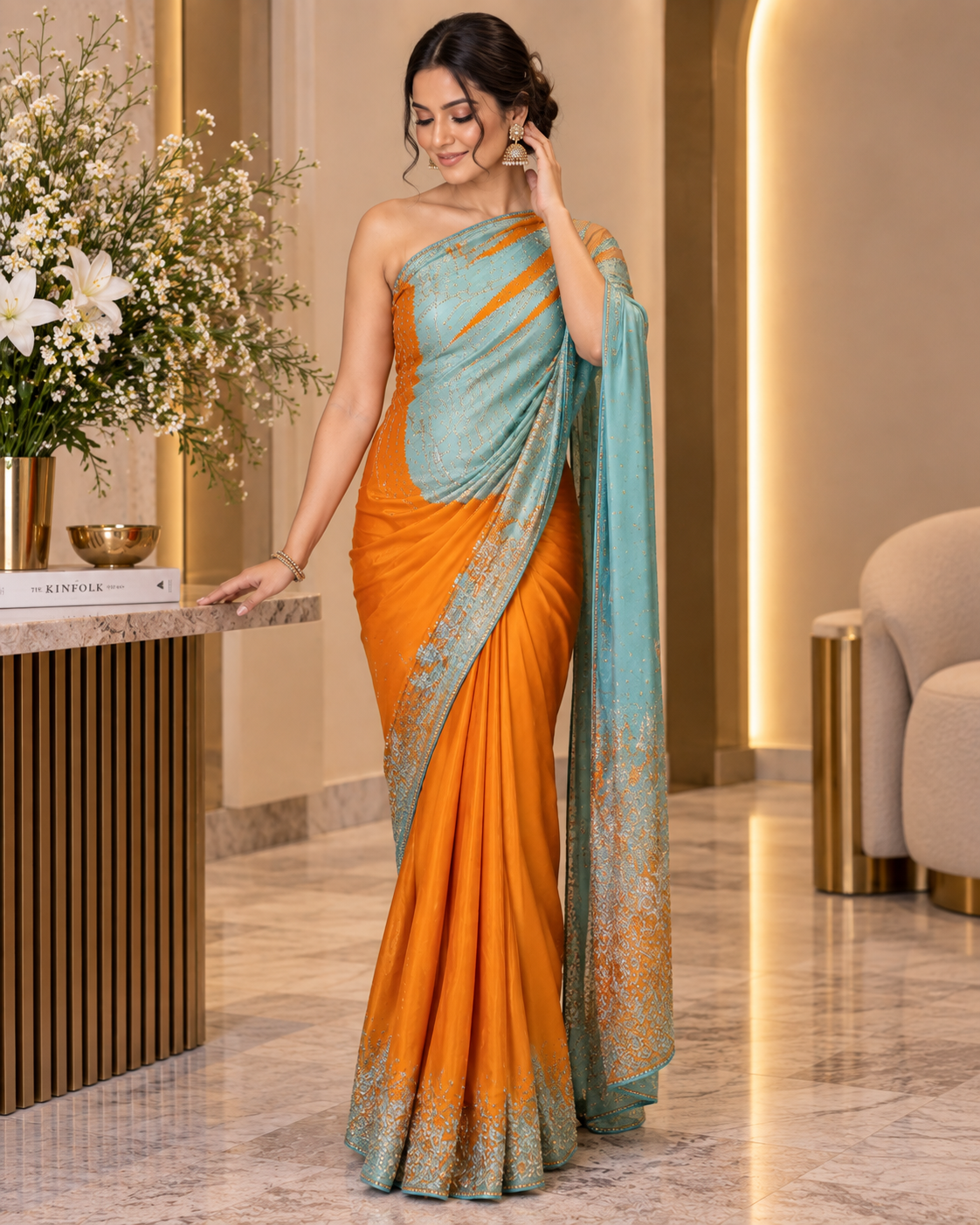 Satin Silk Mustard Blue Printed Saree (3944-50)