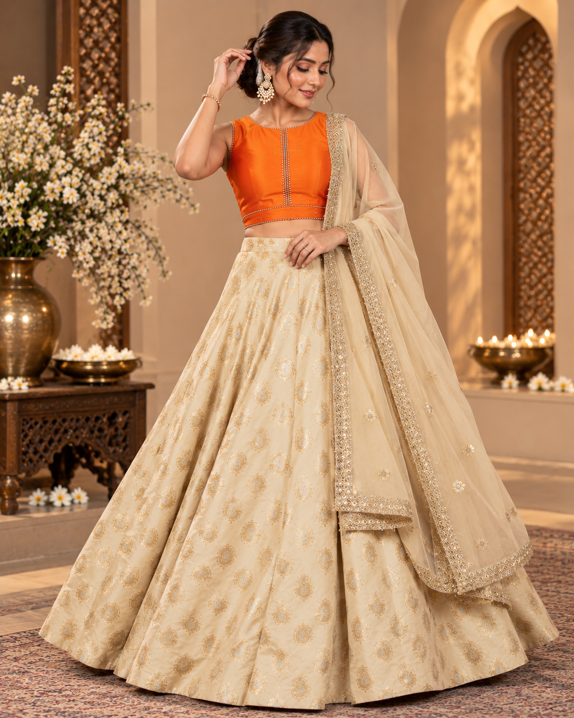 Off-White Brocade Lehenga With Orange Silk Blouse