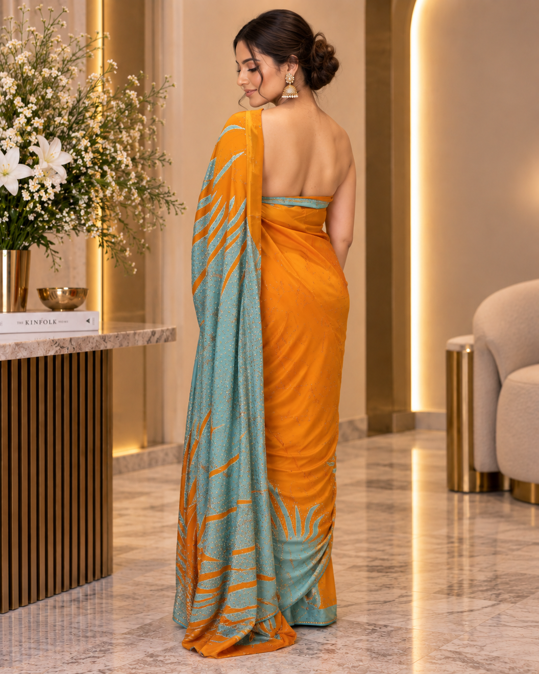 Satin Silk Mustard Blue Printed Saree (3944-50)