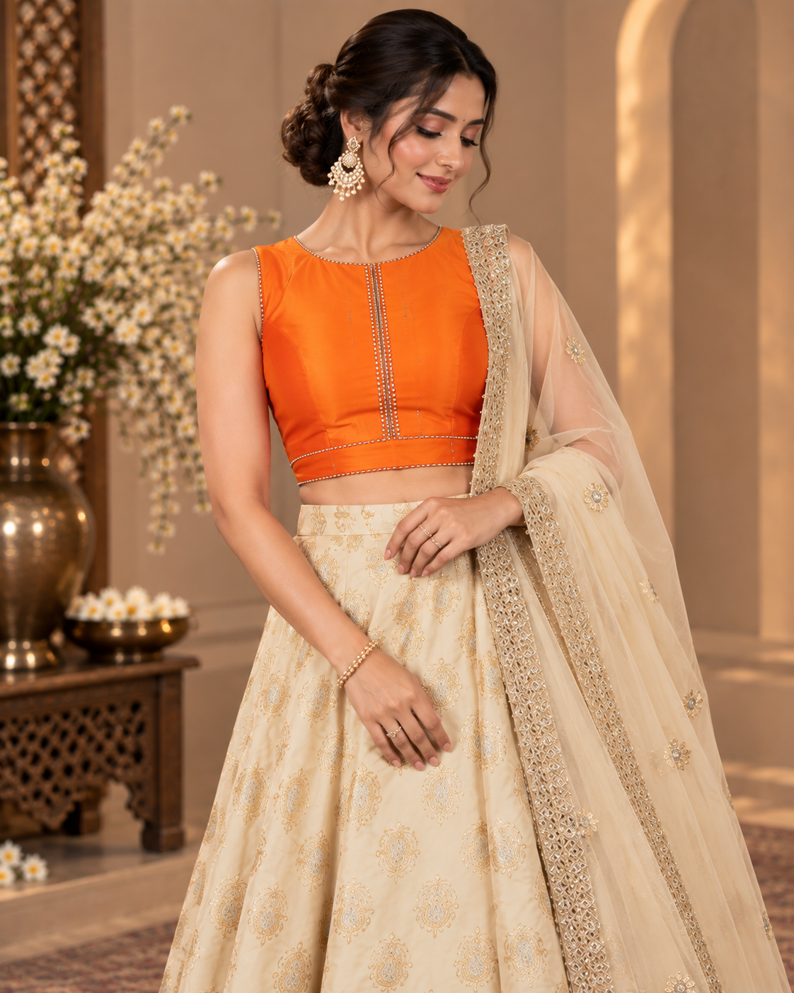 Off-White Brocade Lehenga With Orange Silk Blouse