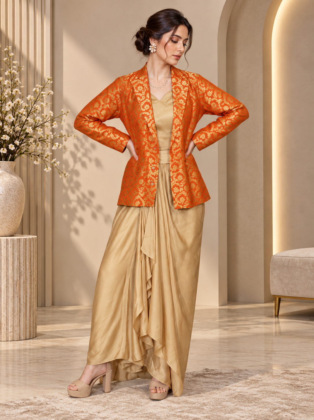 Golden Drape Skirt and Top with Orange Banarasi Coat