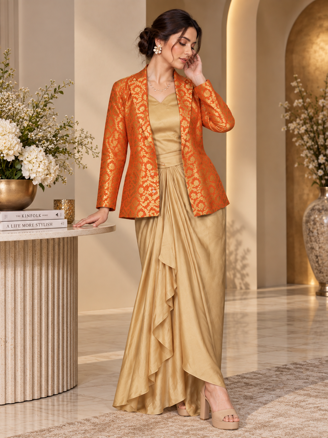 Golden Drape Skirt and Top with Orange Banarasi Coat