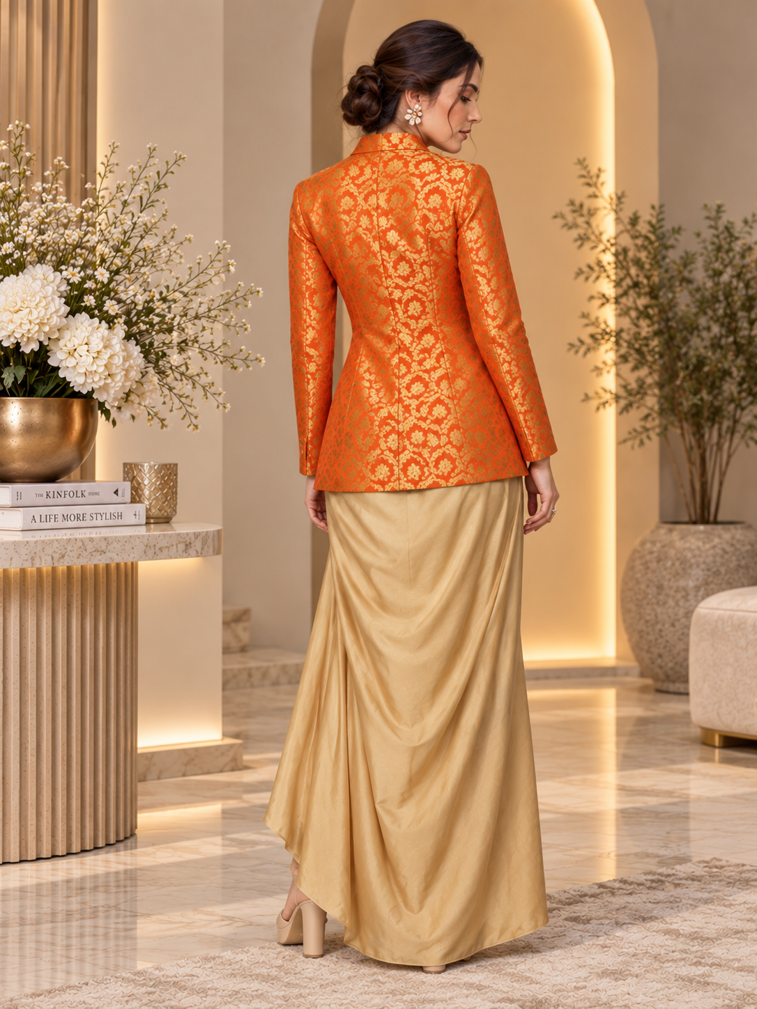 Golden Drape Skirt and Top with Orange Banarasi Coat