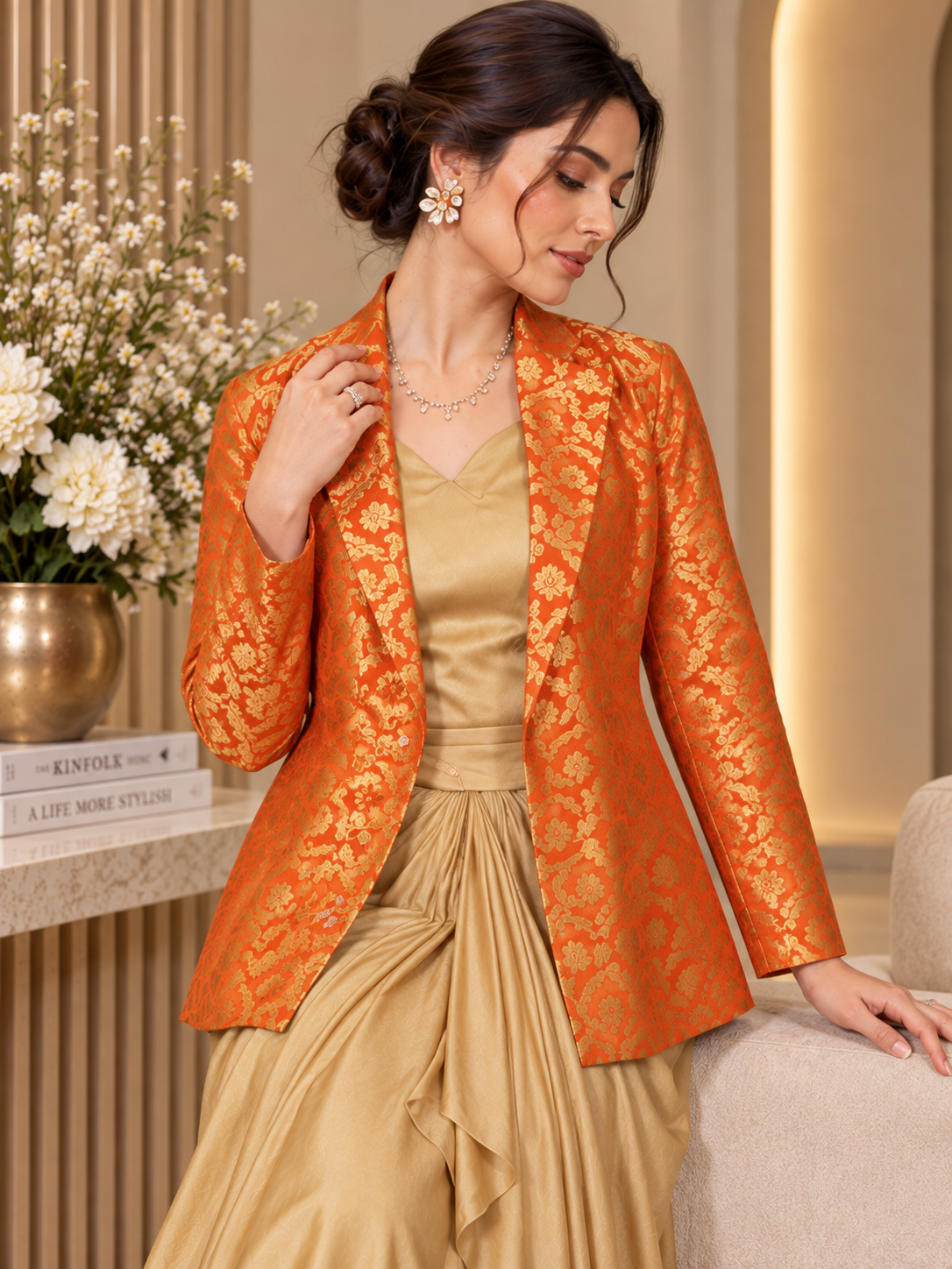Golden Drape Skirt and Top with Orange Banarasi Coat