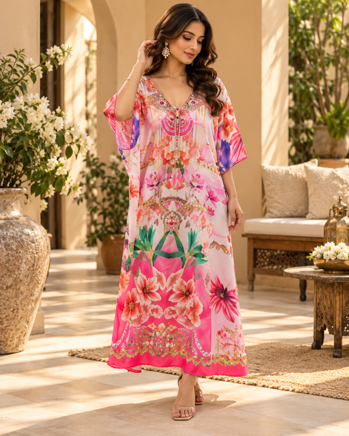 Elegant V‑Neck Kaftan Dress