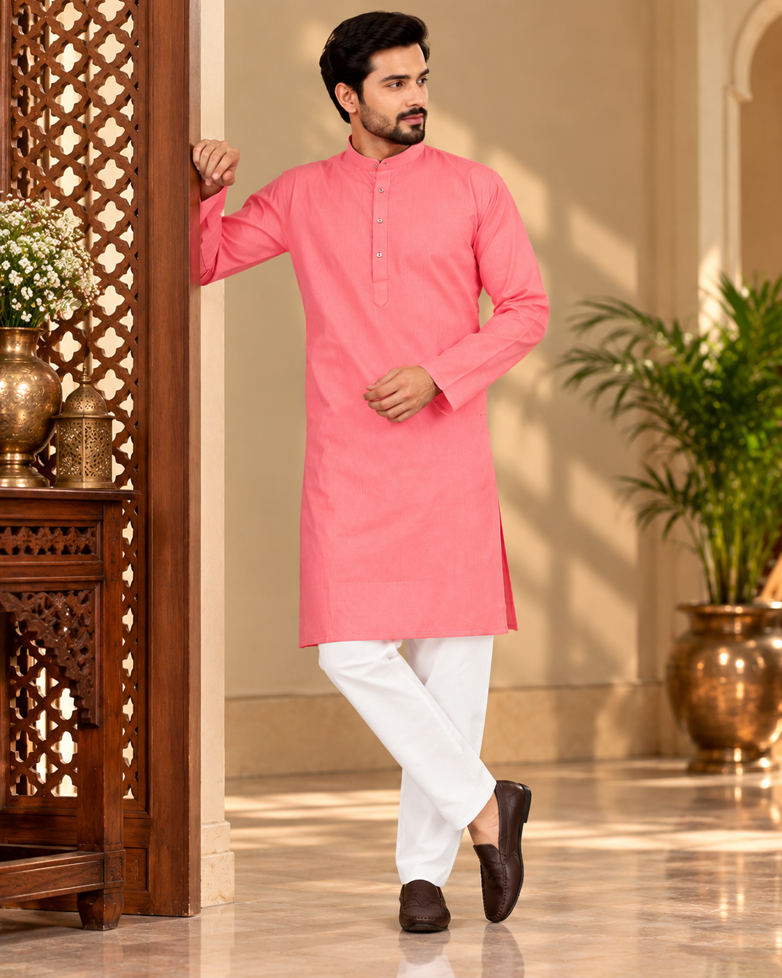 Pink Self-Line Cotton Kurta