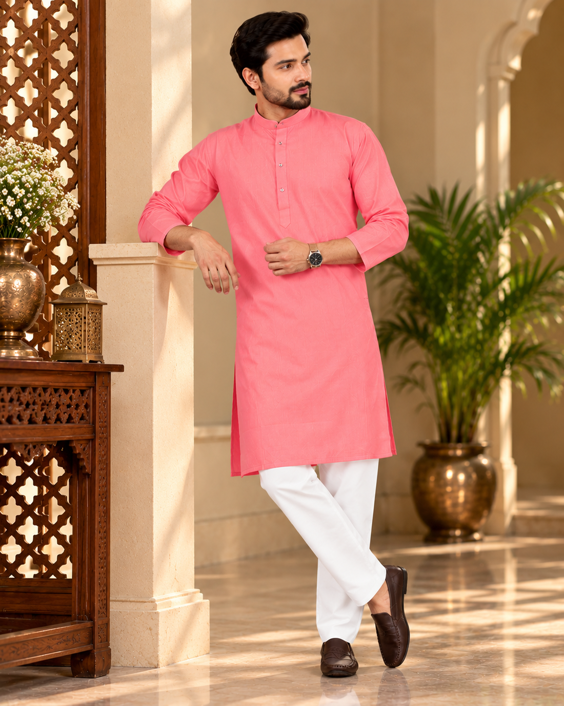Pink Self-Line Cotton Kurta