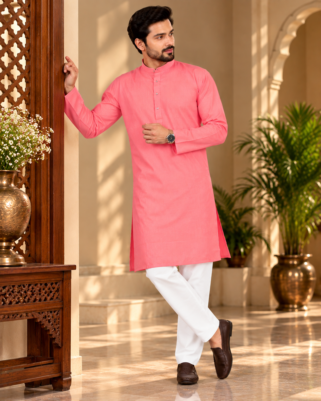 Pink Self-Line Cotton Kurta