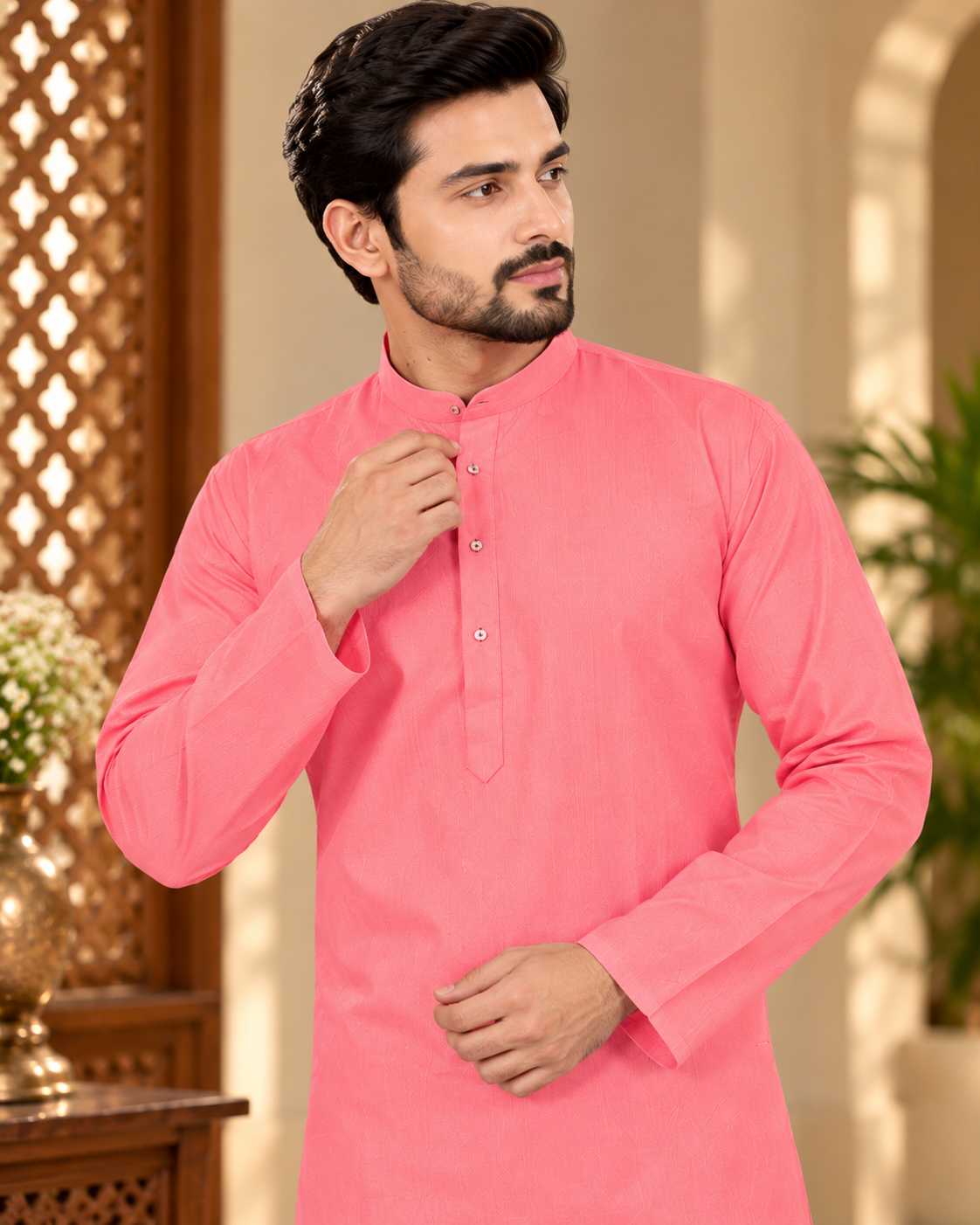 Pink Self-Line Cotton Kurta