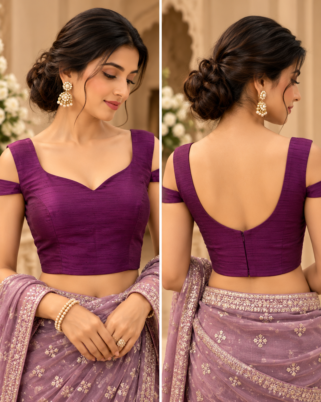 Purple Cold Shoulder Silk Blouse