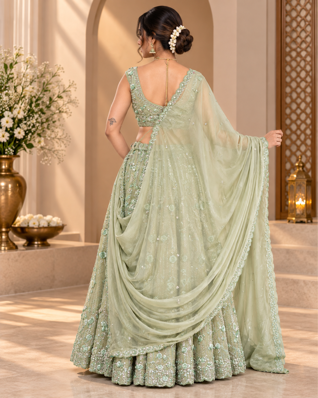 Green Tissue Silk Lehenga