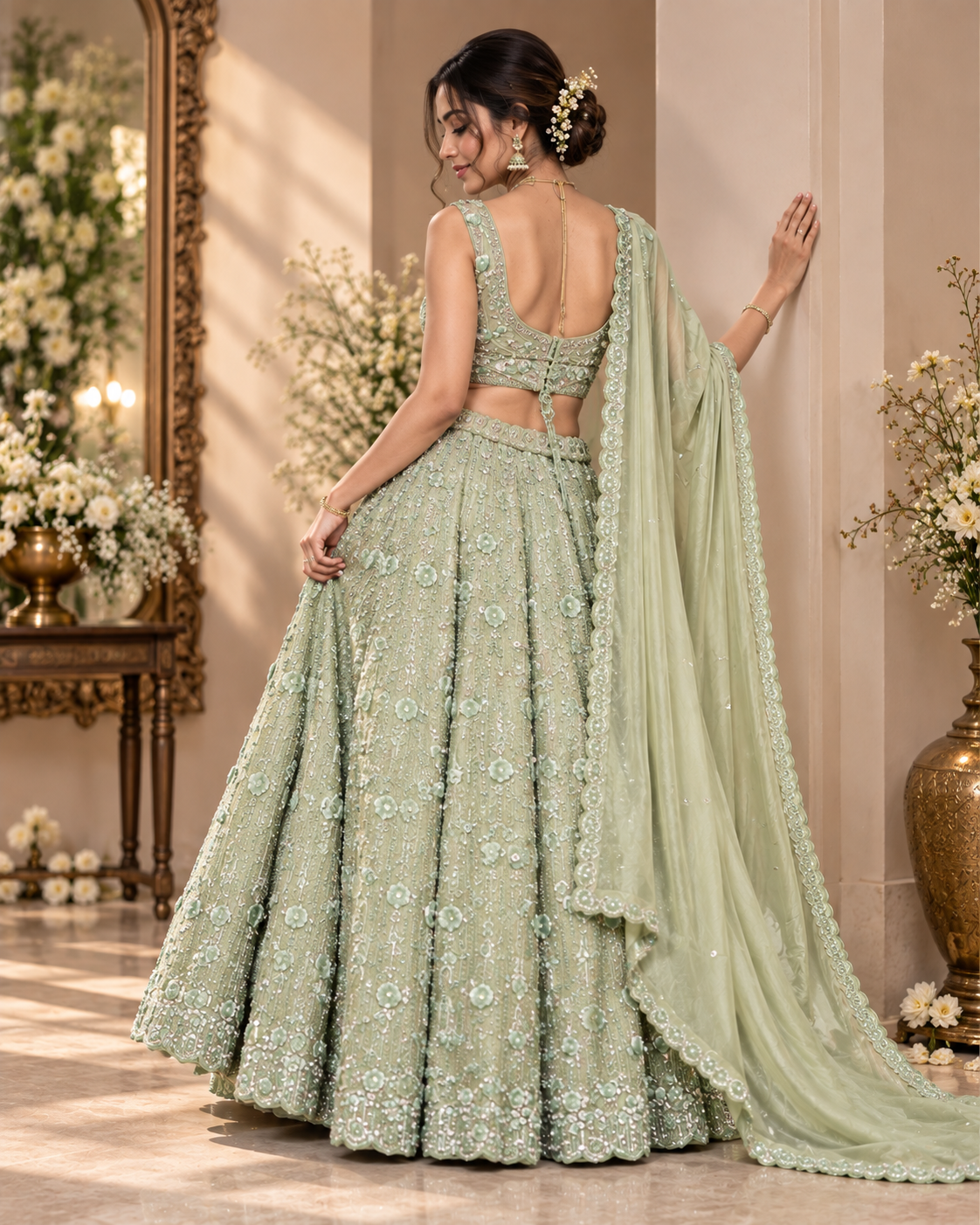 Green Tissue Silk Lehenga