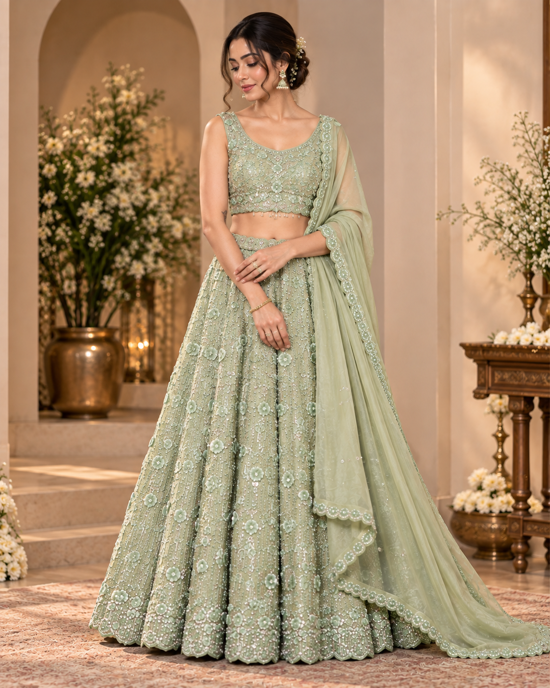 Green Tissue Silk Lehenga