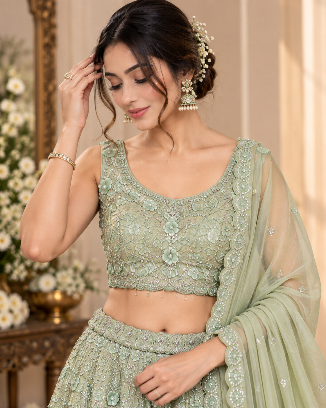 Green Tissue Silk Lehenga