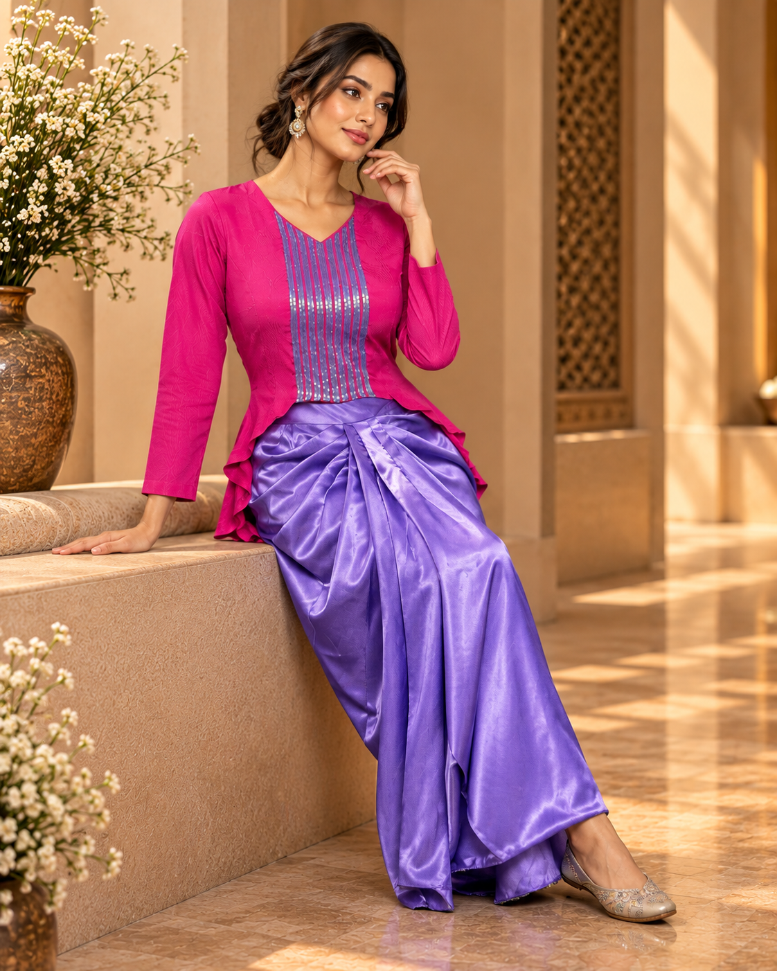 Satin Skirt with Embroidered Crepe Top